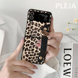 Luxury Leopard Print Wrist Strap Leather Case For Samsung Galaxy Z Flip 4 & 3